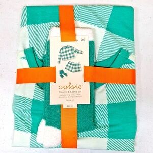 Colsie Women's Green Plaid 3pc Socks & Pajama Set Size XS Gift Giving Ready New!